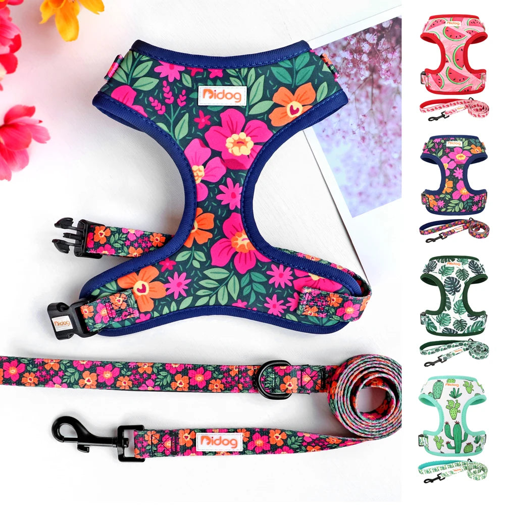 Adjustable Nylon Mesh Dog Harness and Leash Set - Printed Vest