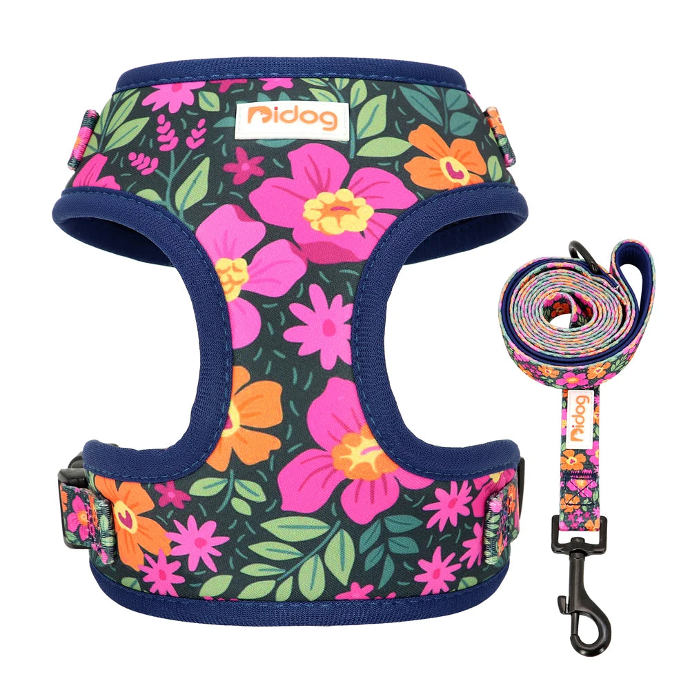 Adjustable Nylon Mesh Dog Harness and Leash Set - Printed Vest
