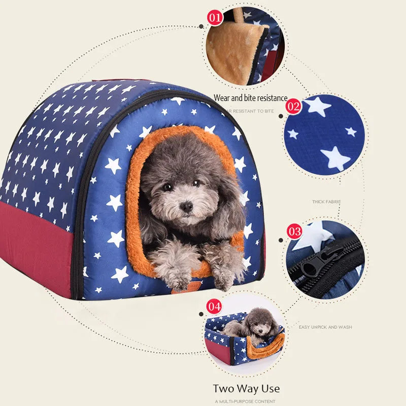 Star Print Foldable Pet House - Warm Cat and Dog Bed