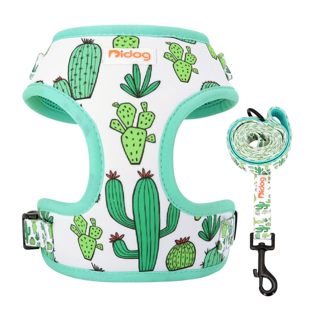 Adjustable Nylon Mesh Dog Harness and Leash Set - Printed Vest