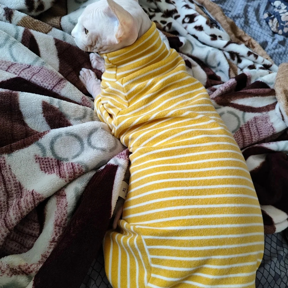 Striped Cotton Cat Jumpsuit - 4-Leg Long Sleeve Coat