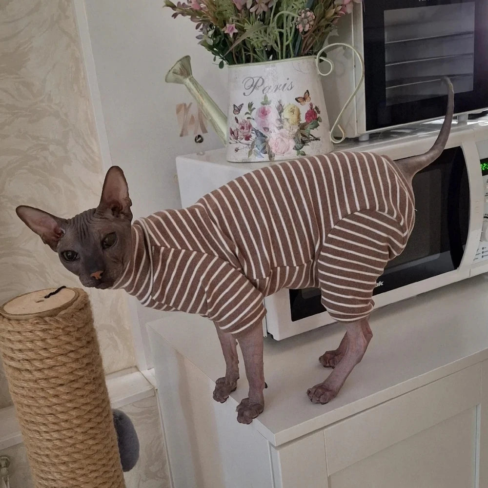 Striped Cotton Cat Jumpsuit - 4-Leg Long Sleeve Coat
