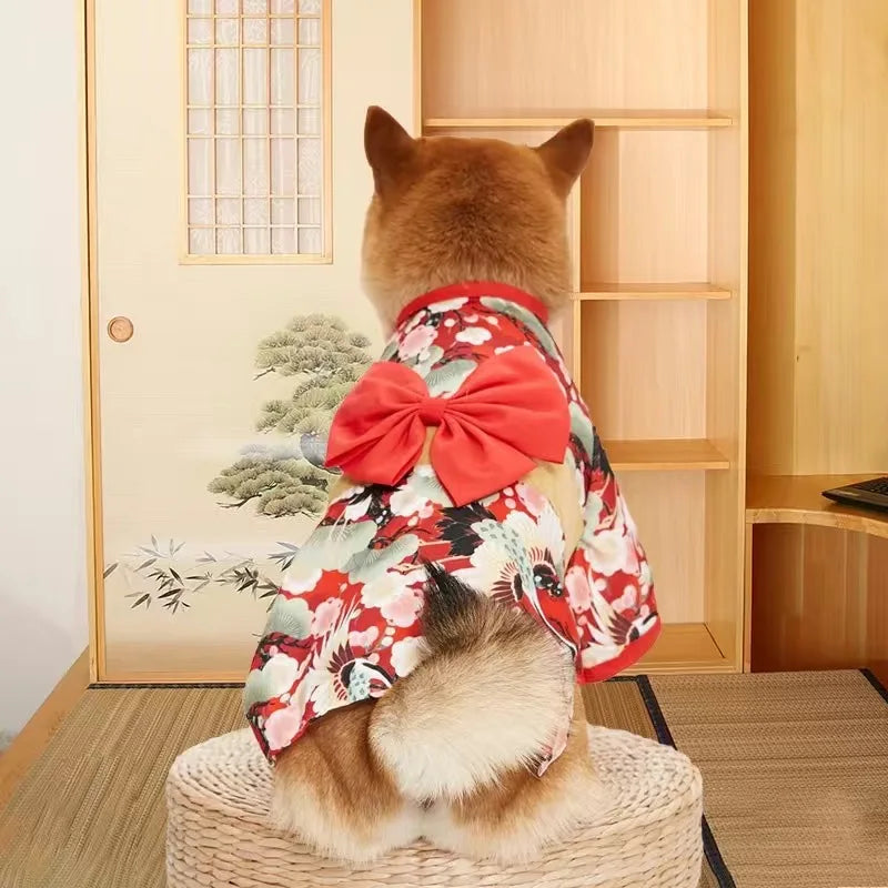 Japanese-Style Pet Kimono Coat with Bow-Knot Print