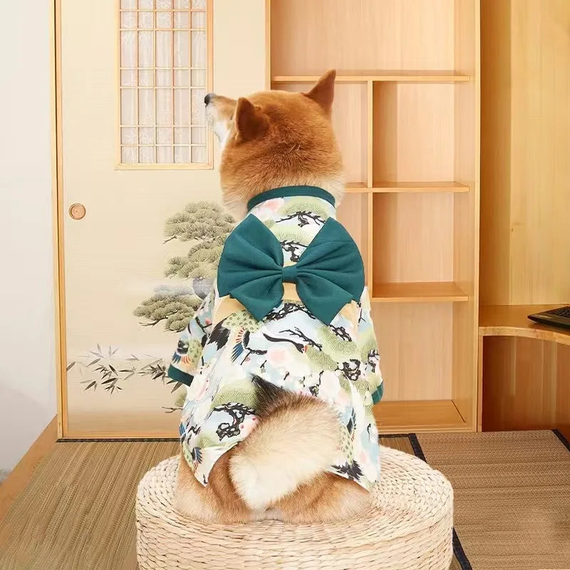 Japanese-Style Pet Kimono Coat with Bow-Knot Print