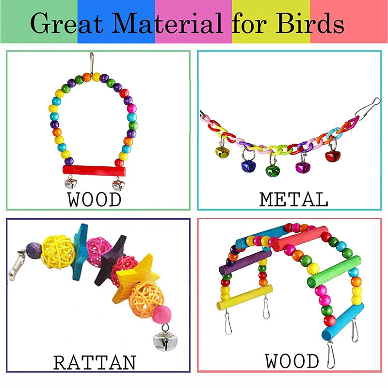 7-Piece Wooden Parrot Toy Set with Swing and Bells