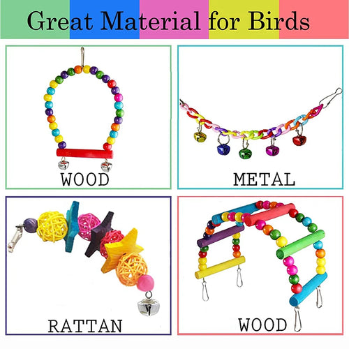 7-Piece Wooden Parrot Toy Set with Swing and Bells