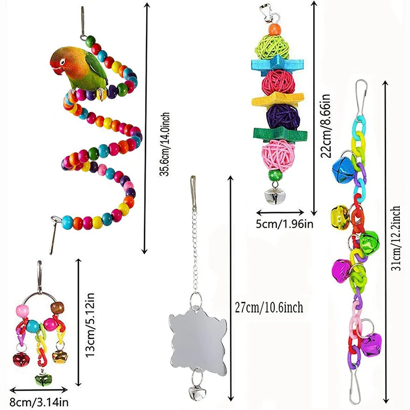 7-Piece Wooden Parrot Toy Set with Swing and Bells