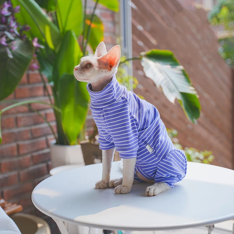 Striped Cotton Cat Jumpsuit - 4-Leg Long Sleeve Coat