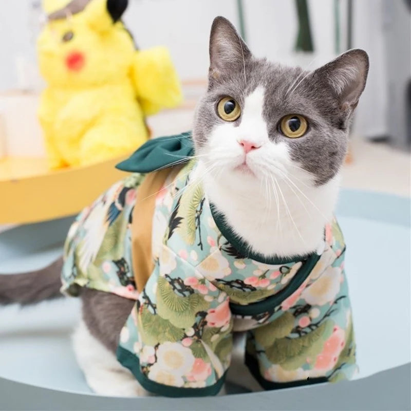 Japanese-Style Pet Kimono Coat with Bow-Knot Print