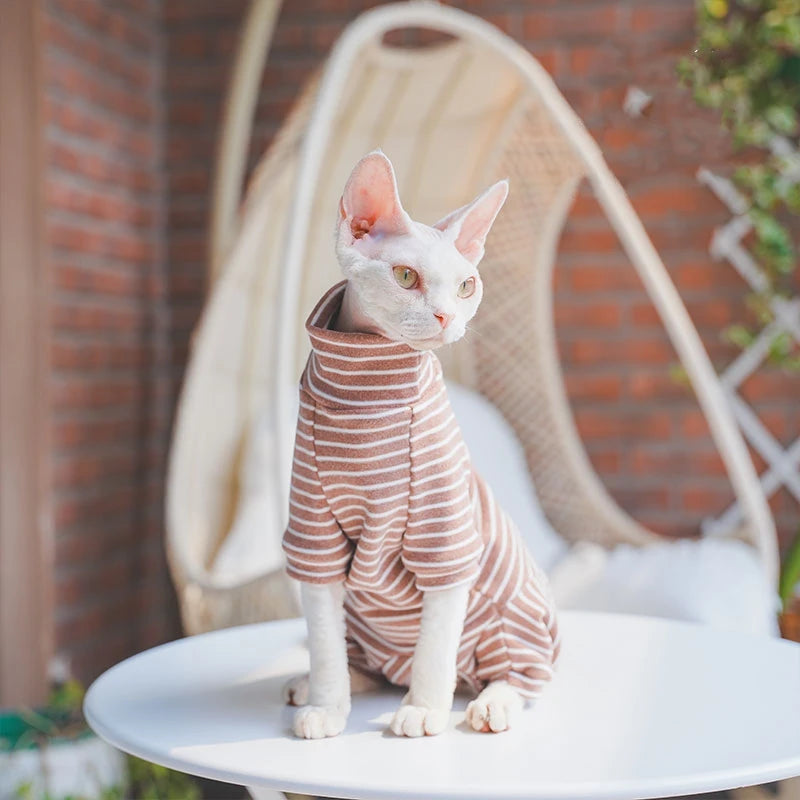 Striped Cotton Cat Jumpsuit - 4-Leg Long Sleeve Coat