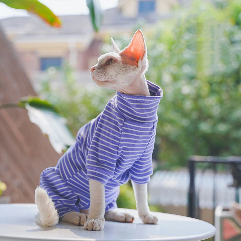 Striped Cotton Cat Jumpsuit - 4-Leg Long Sleeve Coat