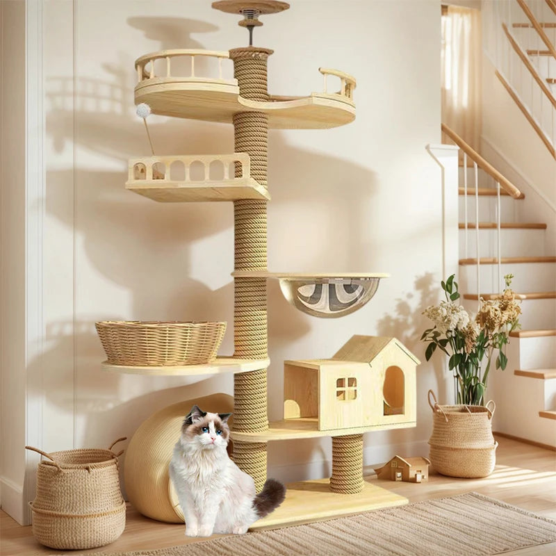 Solid Wood Adjustable Cat Tree Tower in Ivory Finish