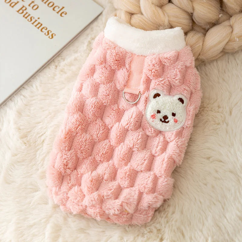 Bear Print Plush Pet Sweater with Buckle - Winter Jacket