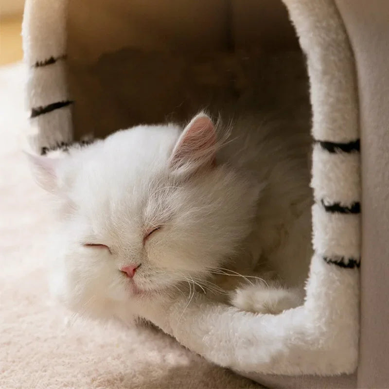 Foldable Cat Cave Bed - Warm Basket House for Small Pets