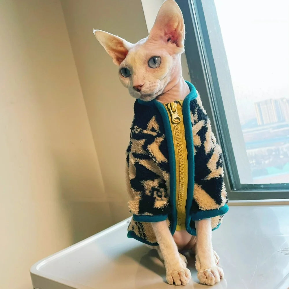 Warm Velvet Zipper Cat Jacket - Green Sphynx Coat