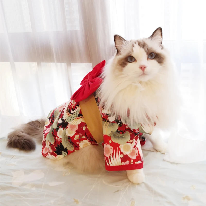 Japanese-Style Pet Kimono Coat with Bow-Knot Print