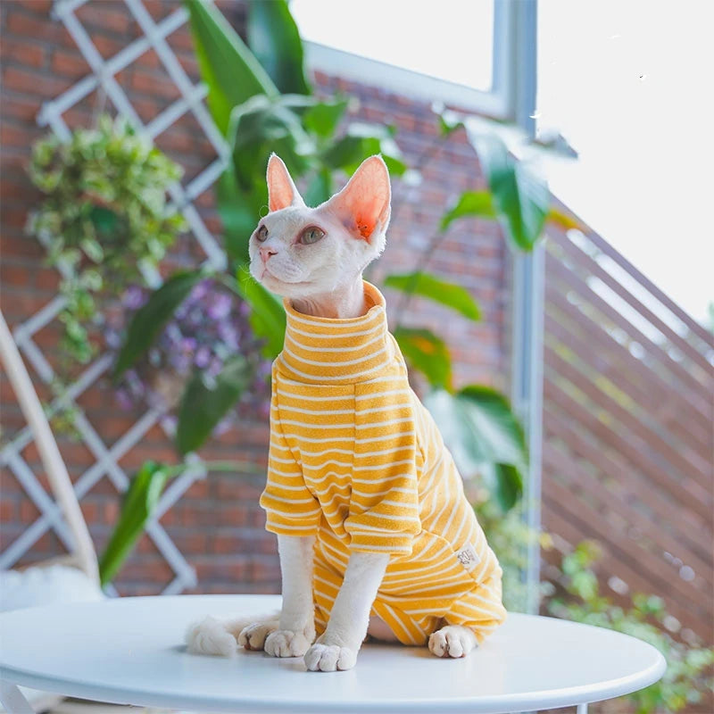 Striped Cotton Cat Jumpsuit - 4-Leg Long Sleeve Coat