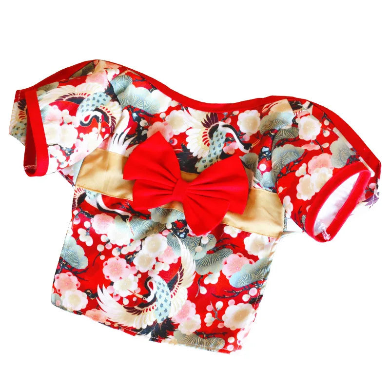 Japanese-Style Pet Kimono Coat with Bow-Knot Print