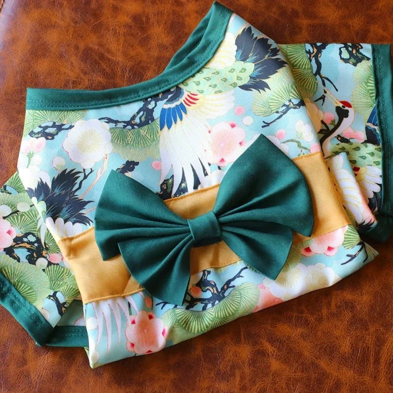 Japanese-Style Pet Kimono Coat with Bow-Knot Print