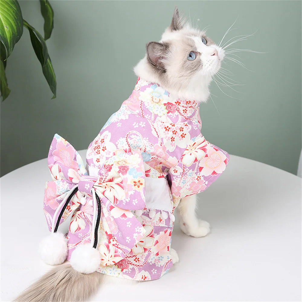 Japanese-Style Pet Kimono Coat with Bow-Knot Print