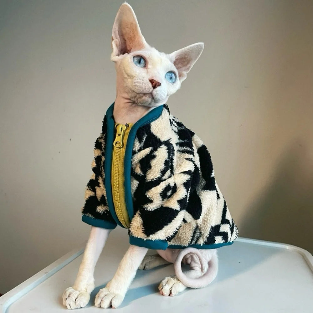 Warm Velvet Zipper Cat Jacket - Green Sphynx Coat