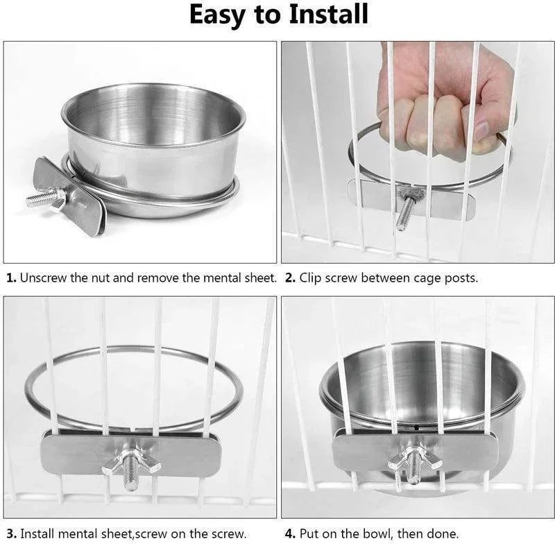 Stainless Steel Parrot Food and Water Bowl with Clamp