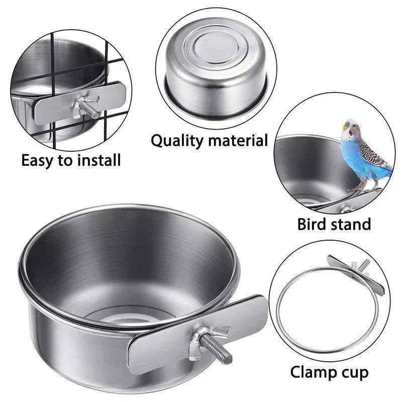 Stainless Steel Parrot Food and Water Bowl with Clamp