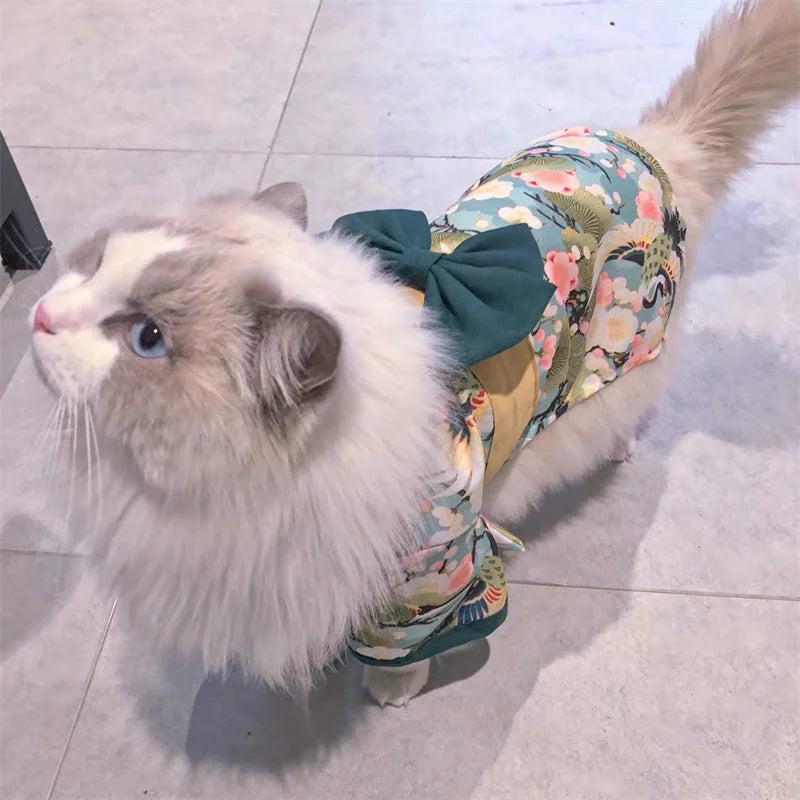 Japanese-Style Pet Kimono Coat with Bow-Knot Print