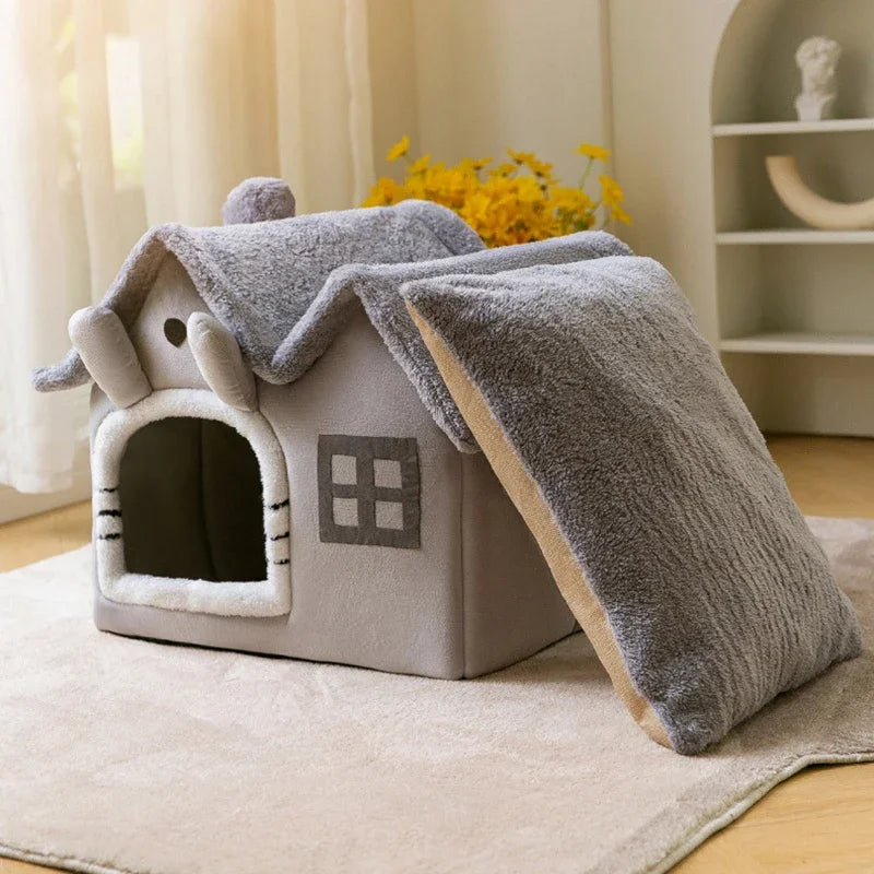 Foldable Cat Cave Bed - Warm Basket House for Small Pets